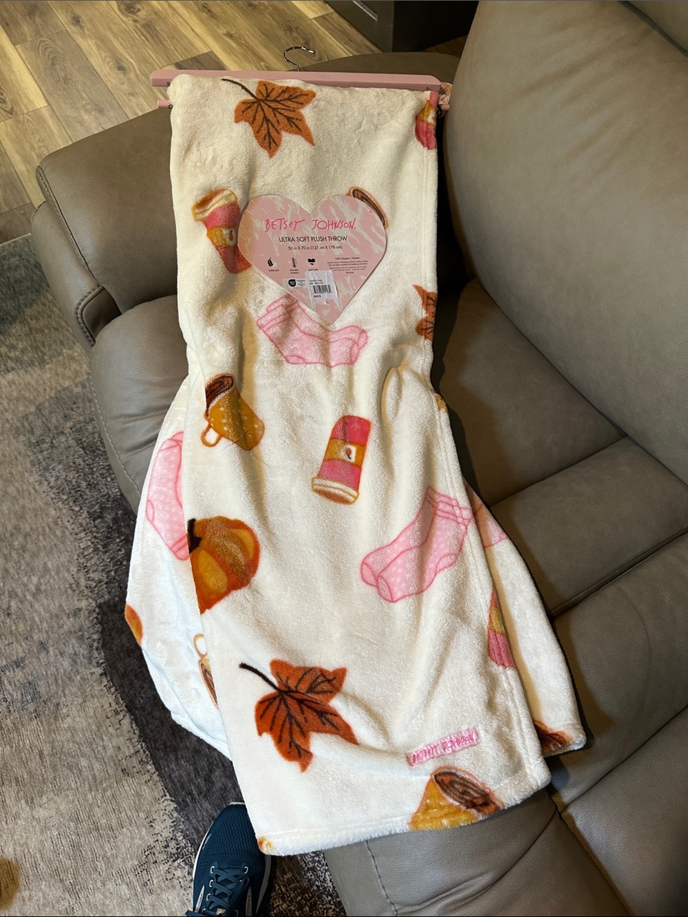 Betsey Johnson Cream Fleece Throw with Pink & Orange Autumn Motifs
